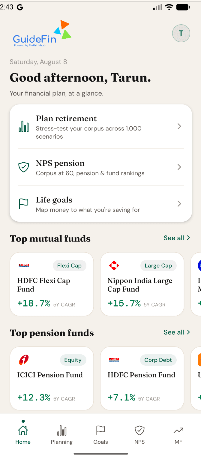GuideFin app home — retirement (Monte Carlo + bucket strategy), goal planning, mutual fund insights and calculators