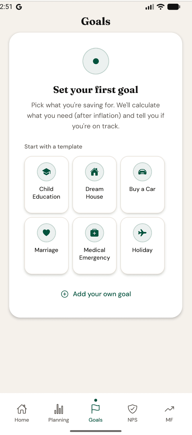GuideFin Goals screen offering six starting templates — Child Education, Dream House, Buy a Car, Marriage, Medical Emergency and Holiday — or a custom goal