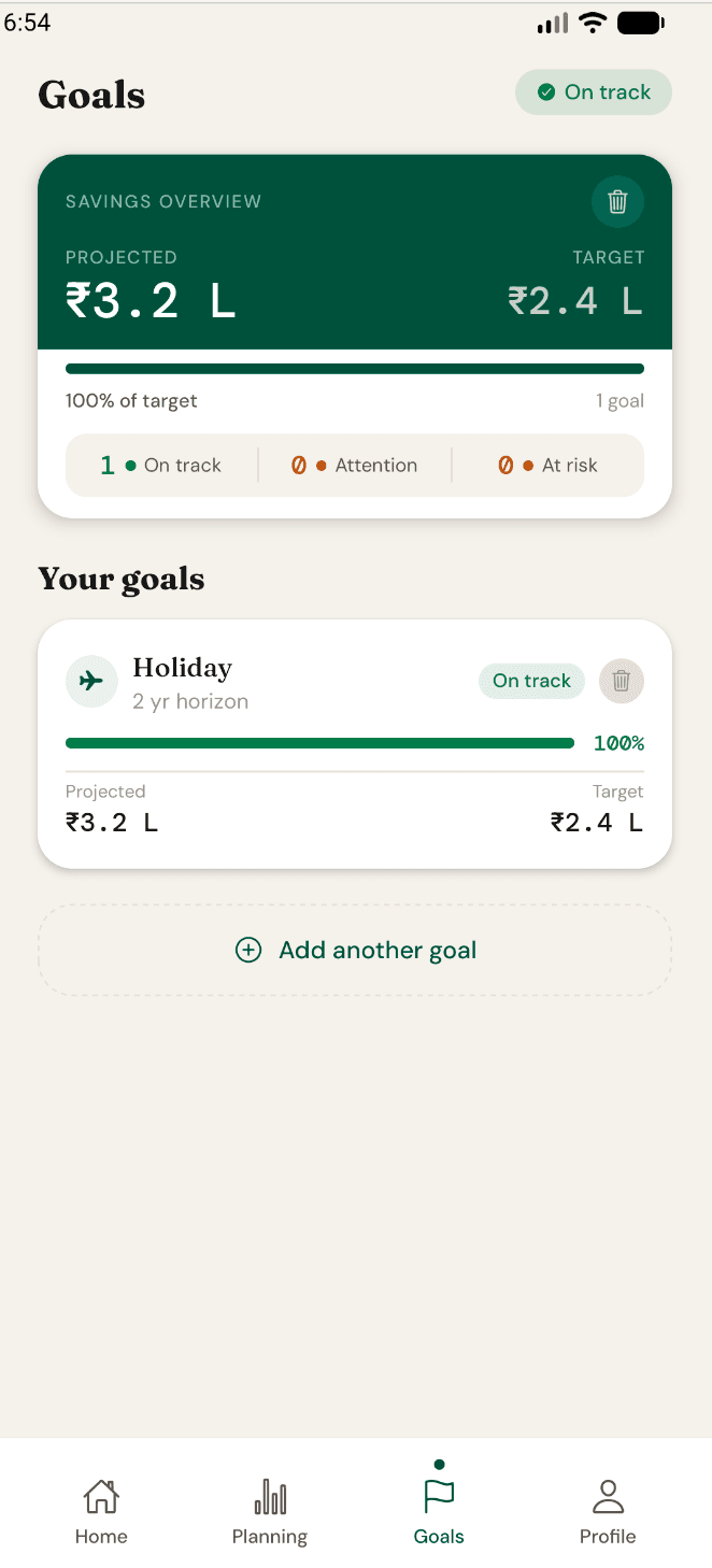 GuideFin goal planning — savings overview, on-track status, and goal templates