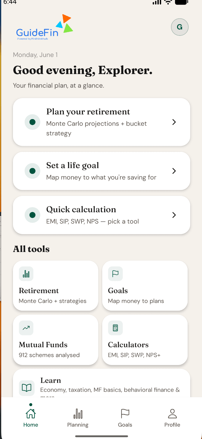 GuideFin app home — retirement (Monte Carlo + bucket strategy), goal planning, mutual fund insights and calculators